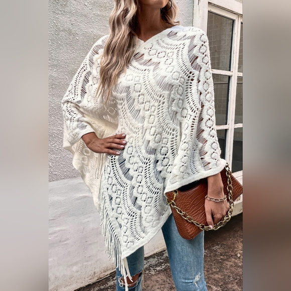 Knit Openwork Macrame Oversized Retro Fringe Pullover Poncho Sweater Jacket - Picture 8 of 9